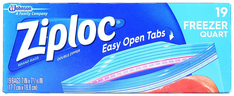 Ziploc 00388 Freezer Bag, Zipper Closure, 7 in W, 7-7/16 in L, 1 qt Capacity, 19/PK