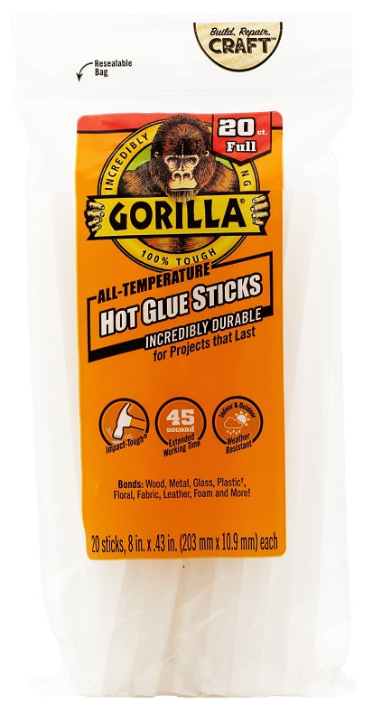 Gorilla 3032002 Hot Glue Stick, Solid, Clear, 20 Pack