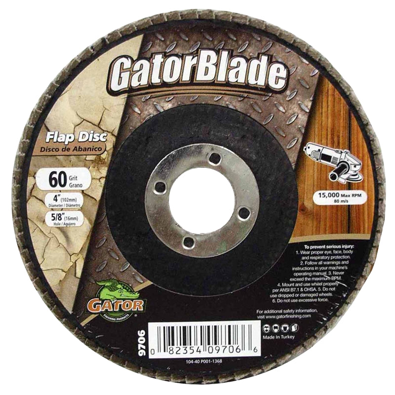 GatorBlade 9706 Flap Disc, 4 in Dia, 5/8 in Arbor, 60 Grit, Zirconium Oxide Abrasive