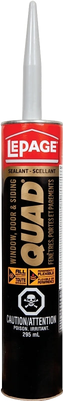 LePage Quad 1306768 Window Door and Siding Sealant, Clear, 7 to 14 days Curing, 20 to 100 deg F, 295 mL Cartridge