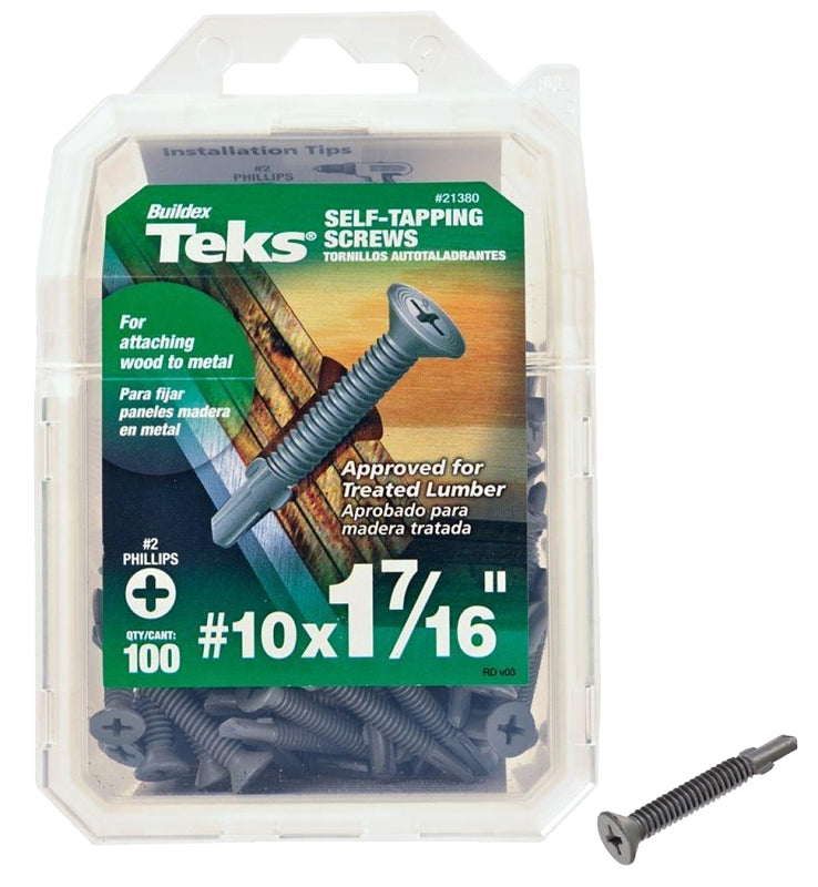 Teks 21380 Screw, #10 Thread, 1-7/16 in L, Coarse Thread, Flat Head, Phillips Drive, Self-Drilling, Self-Tapping Point