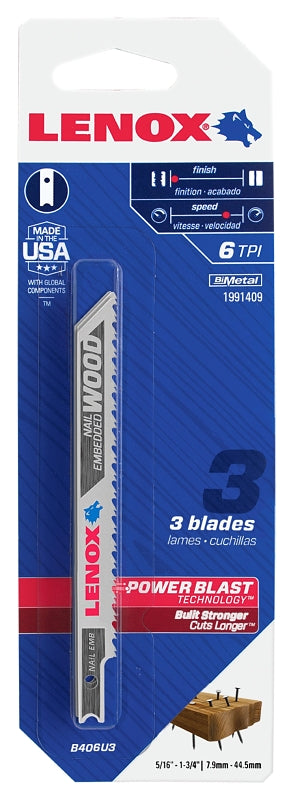 Lenox 1991409 Jig Saw Blade, 3/8 in W, 4 in L, 6 TPI