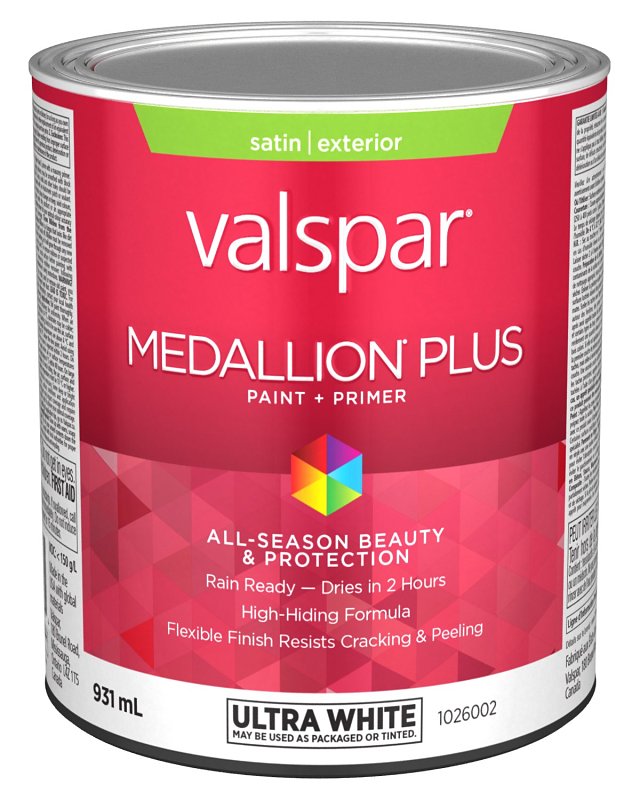 Medallion Plus 029.1026002.005 Exterior Paint and Primer, Acrylic, Satin, Ultra White, 1 qt, 400 sq-ft/gal Coverage Area