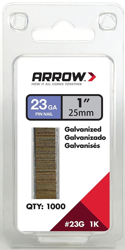 Arrow 23G25-1K Pin Nail, 1 in L, 23 Gauge, Galvanized Steel, Round Shank