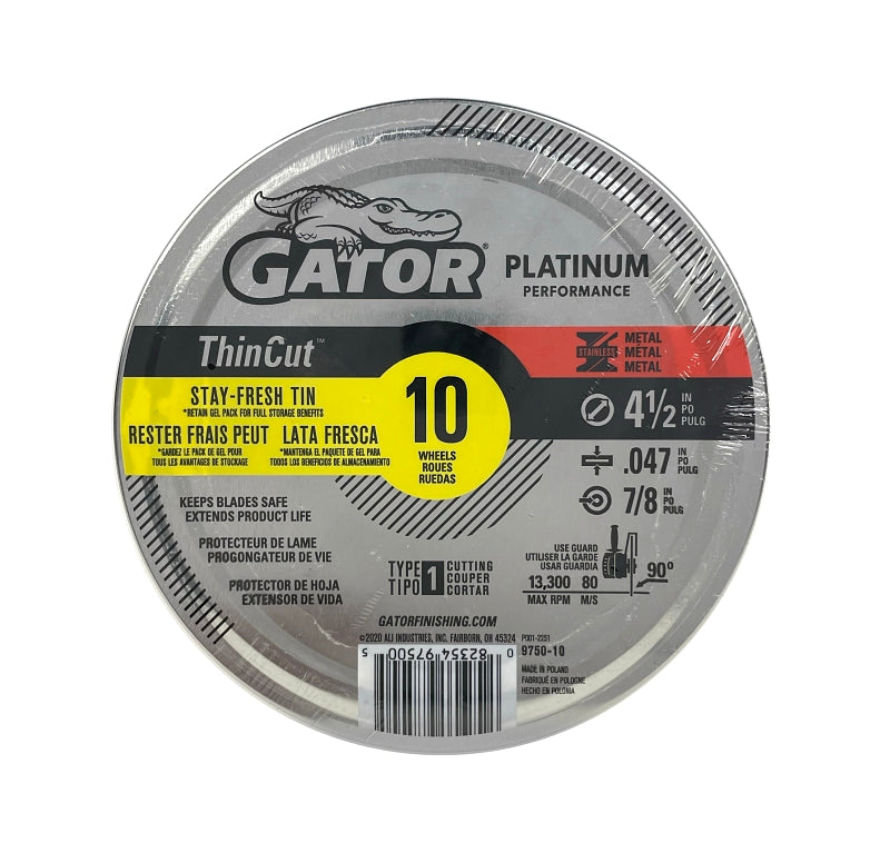 Gator 975010 Cut-Off Wheel, 4-1/2 in Dia, 0.047 in Thick, 7/8 in Arbor, Aluminum Oxide Abrasive