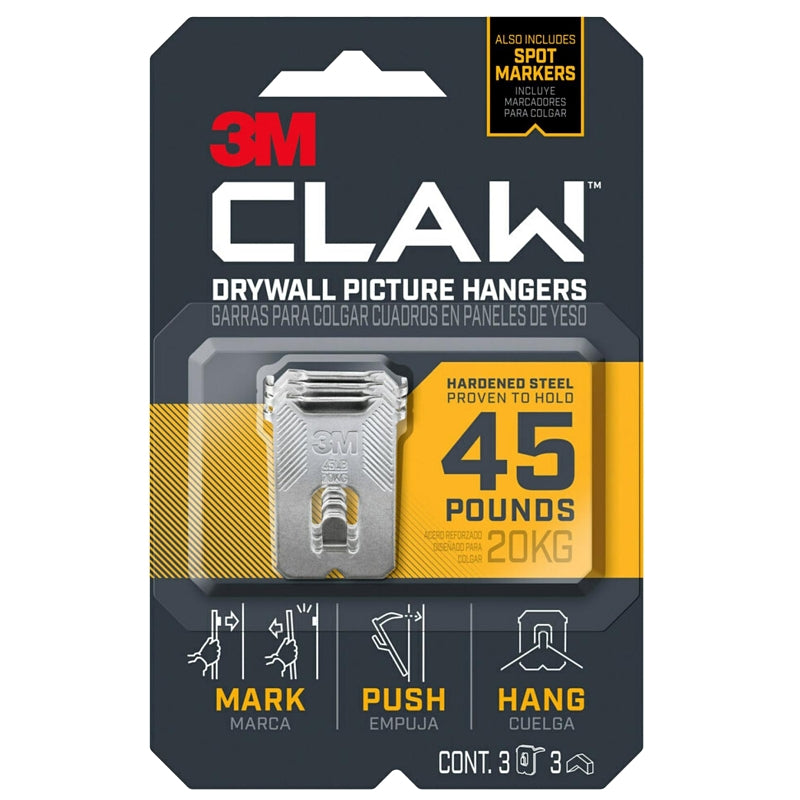 3M CLAW 3PH45M-3ES Drywall Picture Hanger, 45 lb, Steel, Push-In Mounting