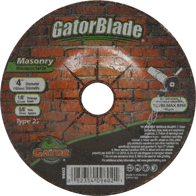 GatorBlade 9602 Cut-Off Wheel, 4 in Dia, 1/8 in Thick, 5/8 in Arbor, 24 Grit, Silicone Carbide Abrasive