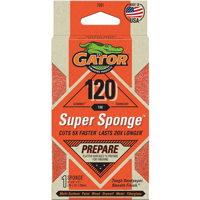 Gator 7301 Sanding Sponge, 5 in L, 3 in W, 120 Grit, Aluminum Oxide Abrasive