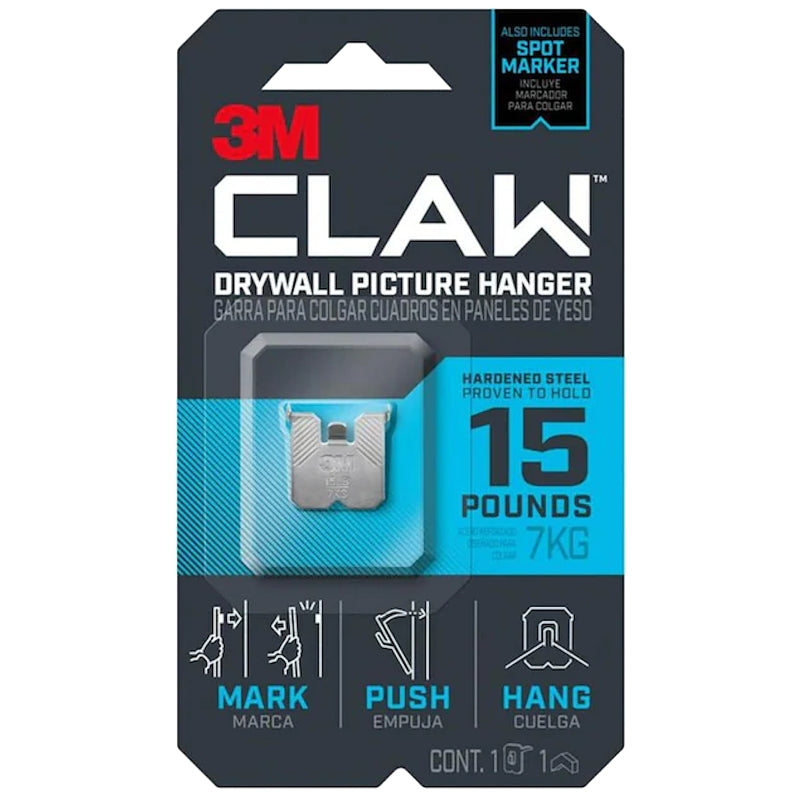 3M CLAW 3PH15M-1ES Drywall Picture Hanger, 15 lb, Steel, Push-In Mounting