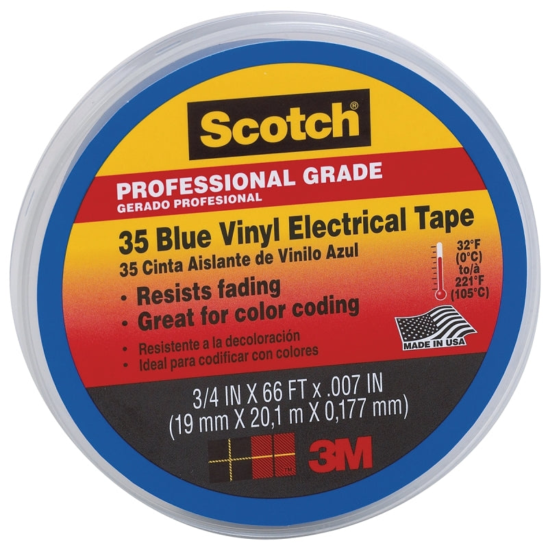 Scotch 10836-DL-10 Electrical Tape, 66 ft L, 3/4 in W, PVC Backing, Blue