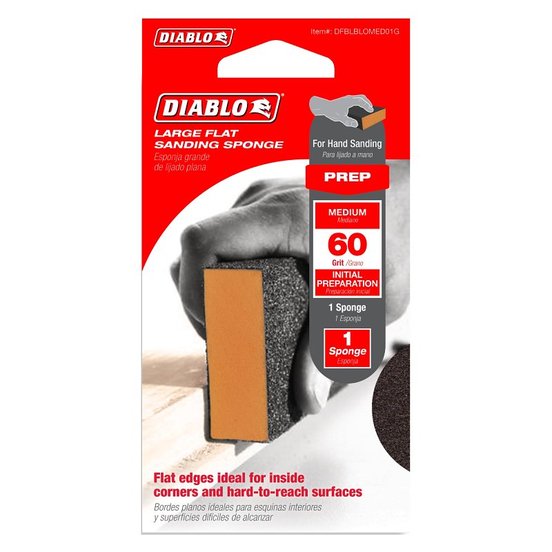 Diablo DFBLBLOMED01G Flat Sanding Sponge, 5 in L, 3 in W, 60 Grit, Medium, Aluminum Oxide Abrasive