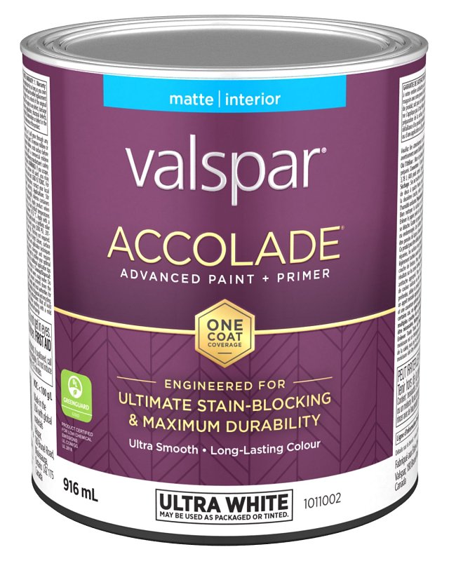 Accolade 029.1011002.005 Interior Paint and Primer, Acrylic, Matte, Ultra White, 1 qt, 37 sq-m Coverage Area