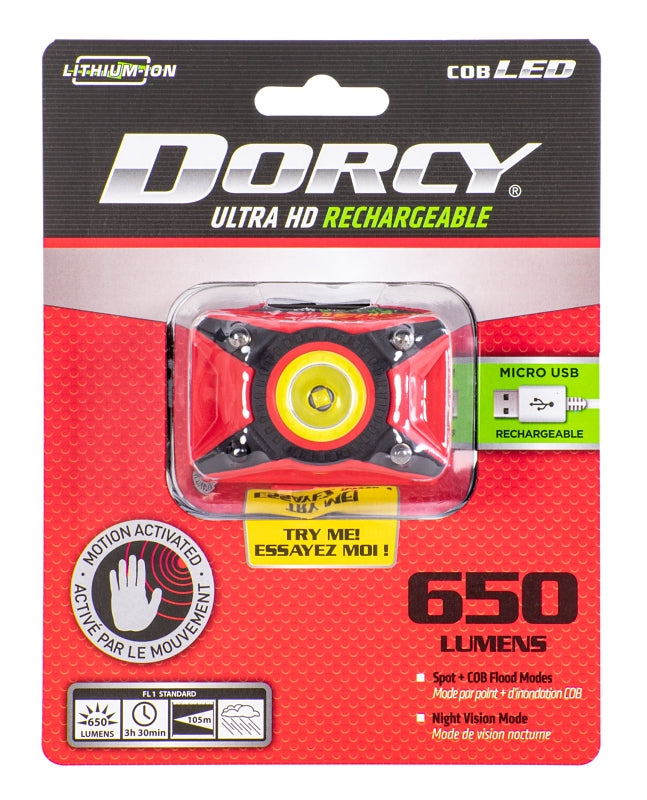 Dorcy Ultra HD 41-4337 Rechargeable Headlamp, 1200 mAh, Lithium-Ion Battery, LED Lamp, 650 Lumens, Flood, Spot Beam, Red