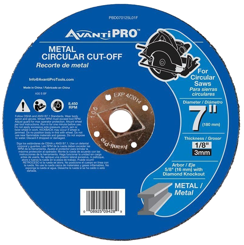 Avanti Pro PBD070125L01F Cut-Off Disc, 7 in Dia, 1/8 in Thick, 5/8 in Arbor, Aluminum Oxide Abrasive