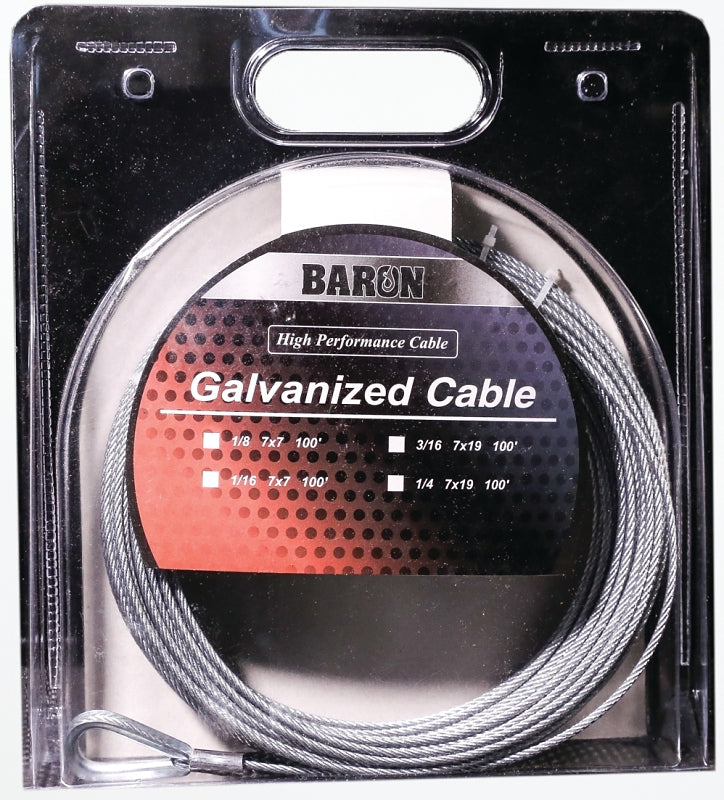 Baron 86005/50068 Aircraft Cable, 1/8 in Dia, 50 ft L, 340 lb Working Load, Galvanized Steel