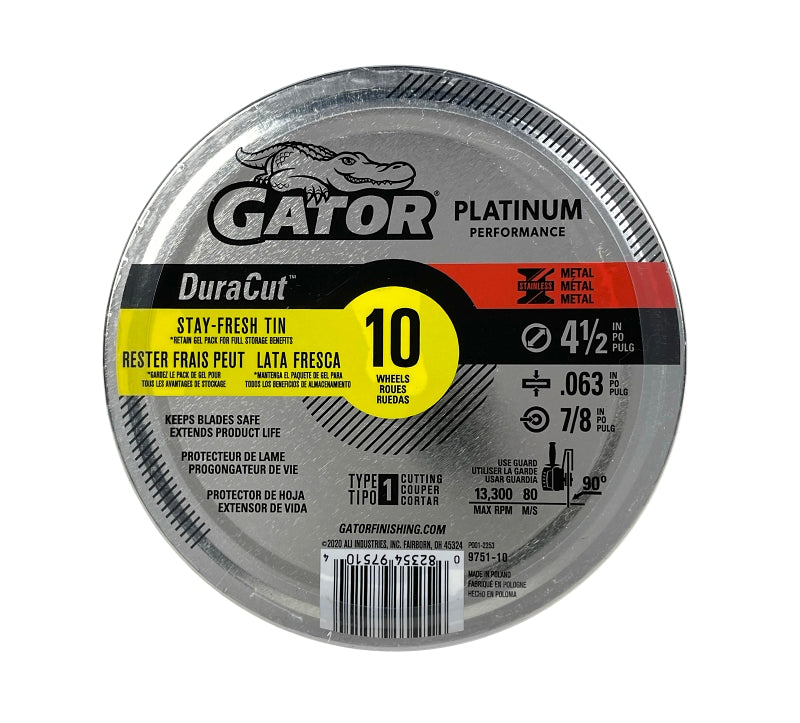 Gator 975110 Cut-Off Wheel, 4-1/2 in Dia, 0.063 Thick, 7/8 in Arbor, Aluminum Oxide Abrasive