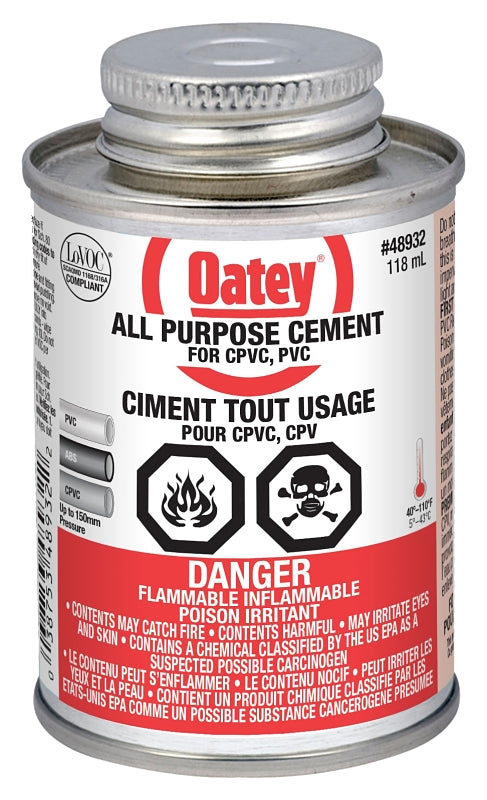 Oatey 31575 Medium Bodied All Purpose Pipe Cement, Brush-Top Can, Liquid, Ether Like, 14 - 23 Deg F, 510 g/l VOC