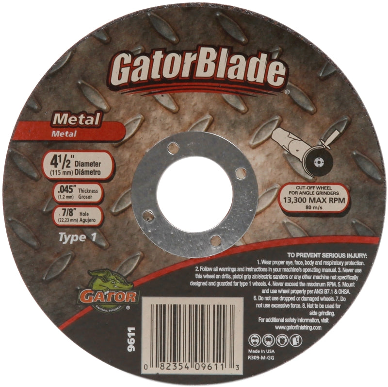 Gator 9611 Cut-Off Wheel, 4-1/2 in Dia, 0.045 in Thick, 7/8 in Arbor, Aluminum Oxide Abrasive