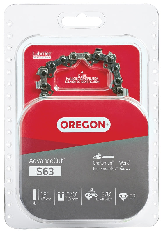 Oregon AdvanceCut S63 Chainsaw Chain, 18 in L Bar, 0.05 Gauge, 3/8 in TPI/Pitch, 63-Link