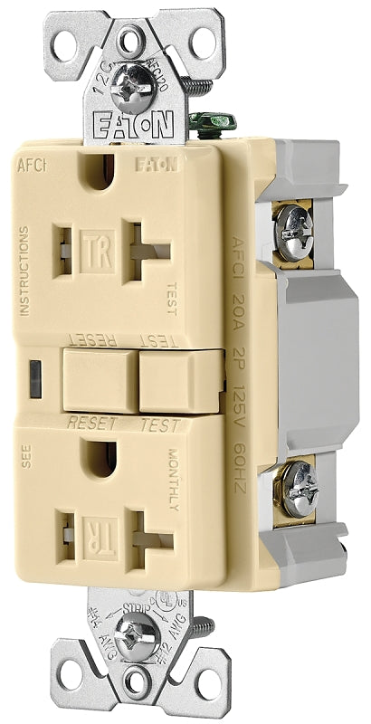 Eaton Wiring Devices TRAFCI20V AFCI Receptacle, 2 -Pole, 20 A, 125 V, Back, Side Wiring, NEMA: 5-20R, Ivory