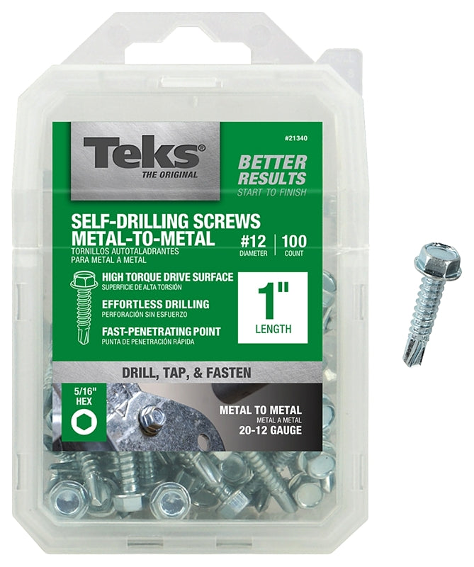 Teks 21340 Screw, #12 Thread, 1 in L, Coarse Thread, Hex Drive, Self-Drilling, Self-Tapping Point, Steel, Zinc, 100 PK