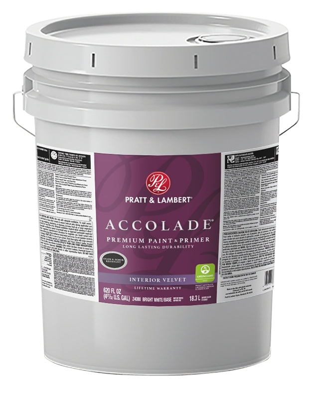 Pratt & Lambert Accolade 0000Z4080-20 Interior Paint, Velvet Sheen, Bright White, 5 gal, Can, 400 sq-ft Coverage Area