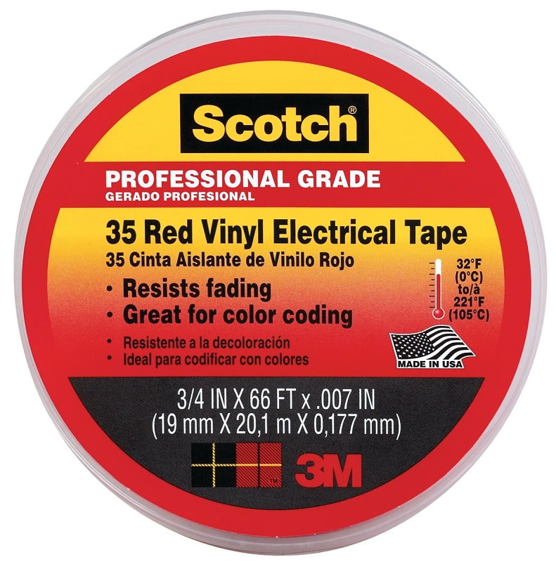 Scotch 10810-DL-2W Electrical Tape, 66 ft L, 3/4 in W, PVC Backing, Red