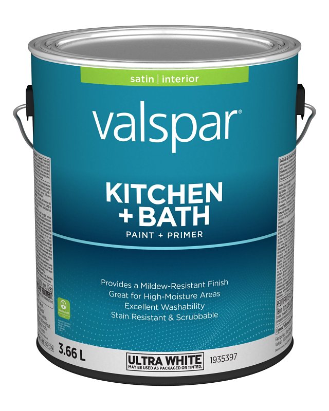 Valspar 029.1935397.007 Kitchen and Bath Interior Paint and Primer, Satin, Ultra White, 1 gal