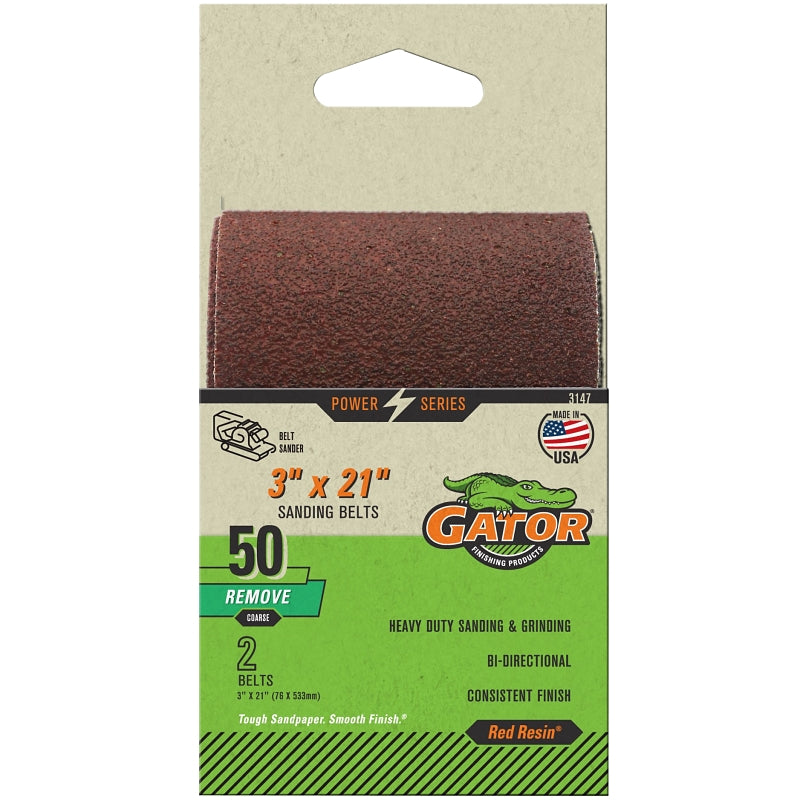 Gator 3147 Sanding Belt, 3 in W, 21 in L, 50 Grit, Coarse, Aluminum Oxide Abrasive