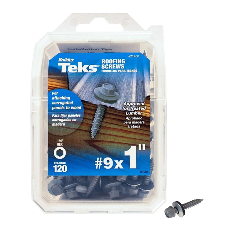 Teks 21400 Roofing Screw, #9 Thread, Fine Thread, Hex Drive, Sharp Point, Steel, Zinc