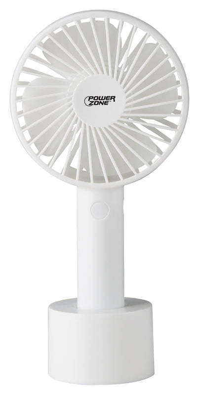 PowerZone 802W Rechargeable Handheld Fan, 5 VAC, 4 in Dia Blade, 4-Blade, 3-Speed, White