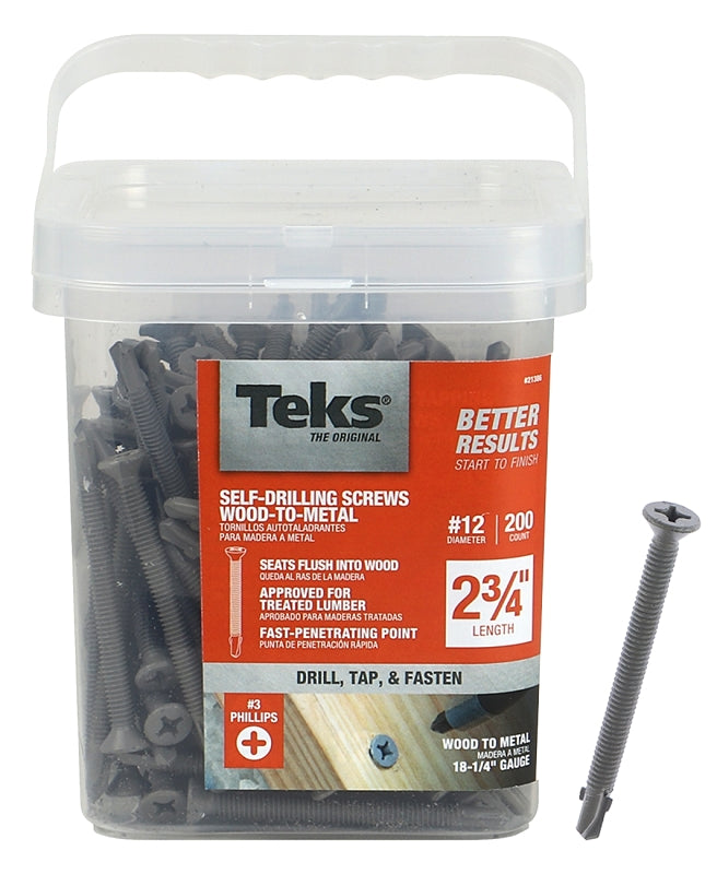 Teks 21386 Roofing Screw, #12 Thread, Fine Thread, Hex, Phillips Drive, Drill, Self-Tapping Point, Steel, Zinc