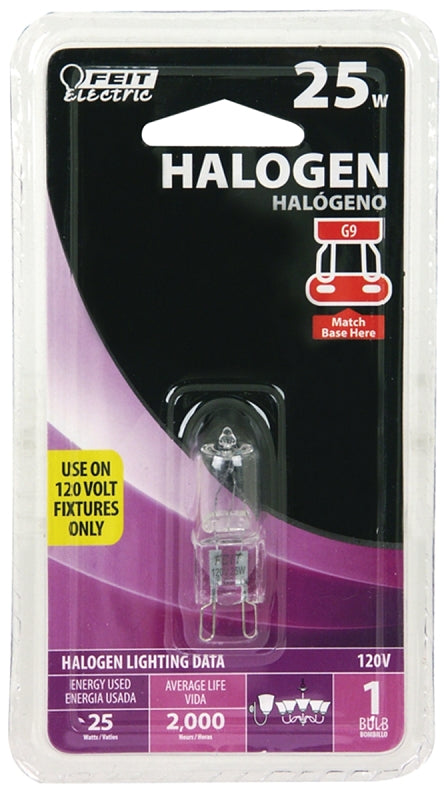 Feit Electric BPQ25/G9 Halogen Bulb, 25 W, G9 Lamp Base, JCD T4 Lamp, 3000 K Color Temp, 2000 hr Average Life