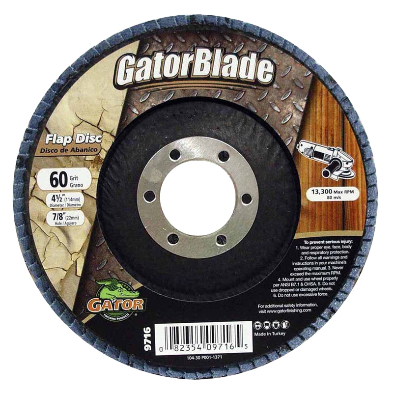 GatorBlade 9716 Flap Disc, 4-1/2 in Dia, 7/8 in Arbor, 60 Grit, Zirconium Oxide Abrasive