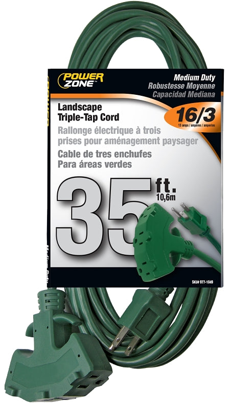 PowerZone OR605627 Extension Cord, 16 AWG Cable, 35 ft L, 125 V, Green