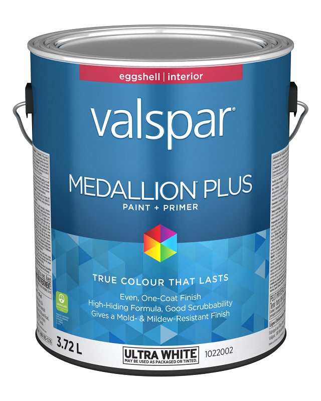 Medallion Plus 029.1022002.007 Interior Paint and Primer, Acrylic, Eggshell, Ultra White, 1 gal, 37 sq-m Coverage Area