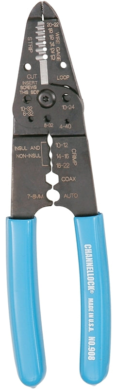 CHANNELLOCK 908 Wire Stripper, 22 to 10 AWG Wire, 22 to 10 AWG Cutting Capacity, 8-1/4 in OAL, Gripper Handle