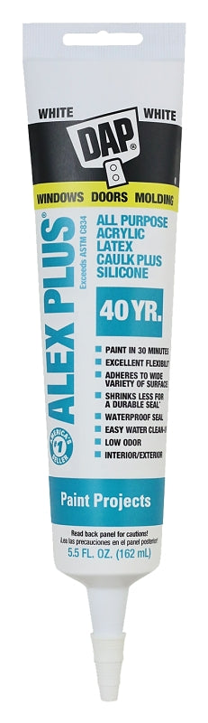 DAP ALEX PLUS 18128 Acrylic Latex Caulk with Silicone, White, -20 to 180 deg F, 5.5 fl-oz Squeeze Tube