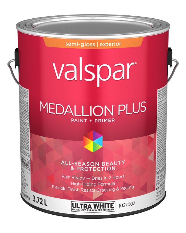 Medallion Plus 029.1027002.007 Exterior Paint and Primer, Acrylic, Semi-Gloss, Ultra White, 1 gal