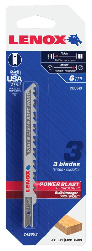 Lenox 1990849 Jig Saw Blade, 5/16 in W, 4 in L, 6 TPI