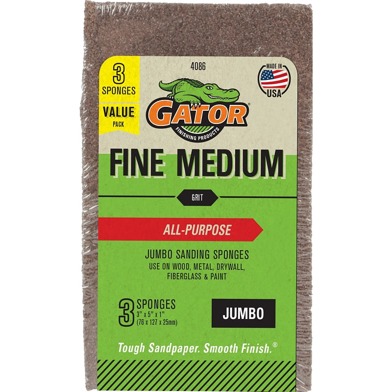 Gator 4086 Sanding Sponge, 5 in L, 3 in W, Fine, Medium, Aluminum Oxide Abrasive