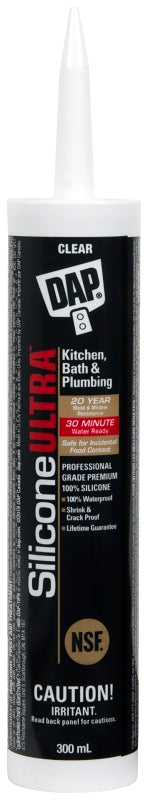 DAP SILICONE ULTRA 73390 Bath and Plumbing Sealant, Clear, 24 hr Curing, -37 to 60 deg C, 300 mL Cartridge