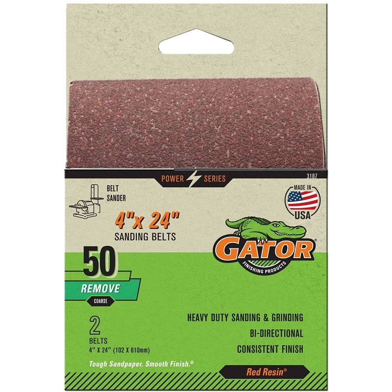 Gator 3187 Sanding Belt, 4 in W, 24 in L, 50 Grit, Coarse, Aluminum Oxide Abrasive