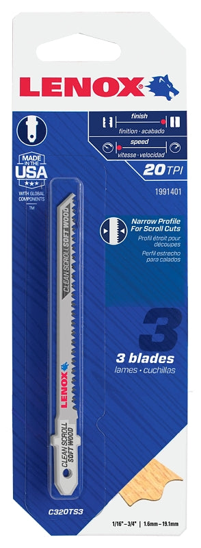 Lenox 1991401 Jig Saw Blade, 7/32 in W, 3-1/2 in L, 20 TPI