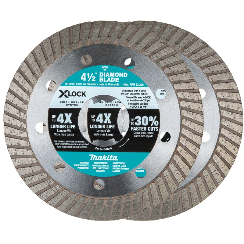 Makita X-LOCK E-07222 Blade, 4-1/2 in Dia, 7/8 in Arbor, Turbo Rim