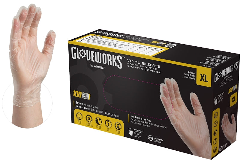 Gloveplus IVPF48100 Disposable Gloves, XL, 235 mm L, Vinyl, Clear, Powder-Free