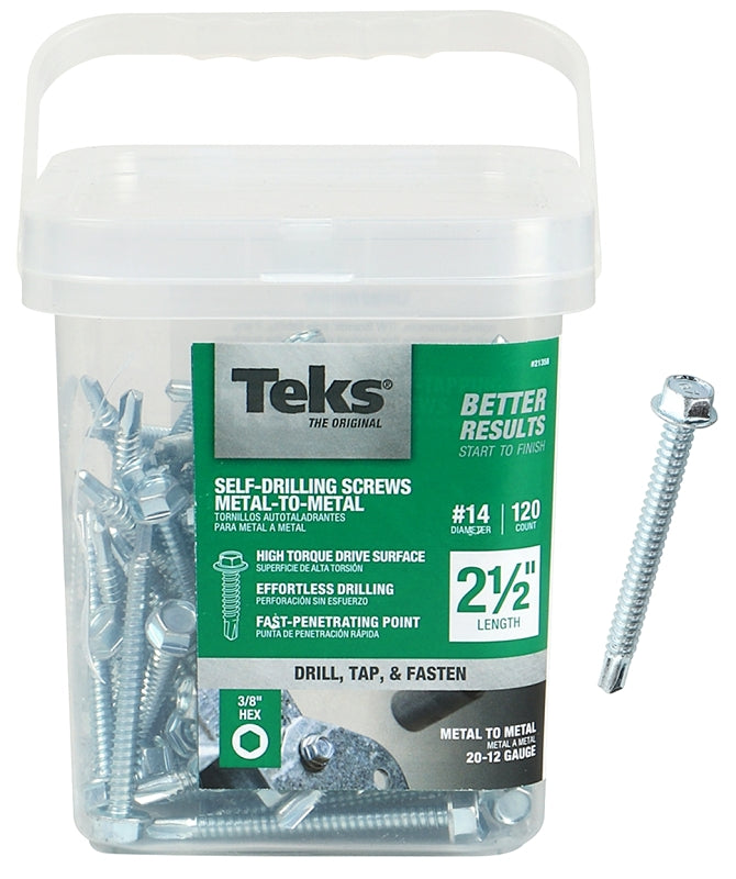 Teks 21358 Screw, #14 Thread, 2-1/2 in L, Hex Drive, Self-Drilling, Self-Tapping Point, Steel, Zinc