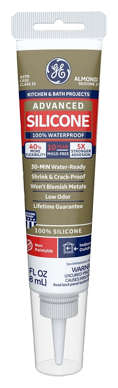 GE Silicone II GE286 Caulk, Almond, -60 to 400 deg F, 2.8 oz Tube