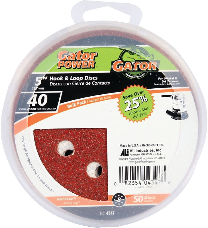 Gator 4347 Sanding Disc, 5 in Dia, 40 Grit, Extra Coarse, Aluminum Oxide Abrasive, Vented