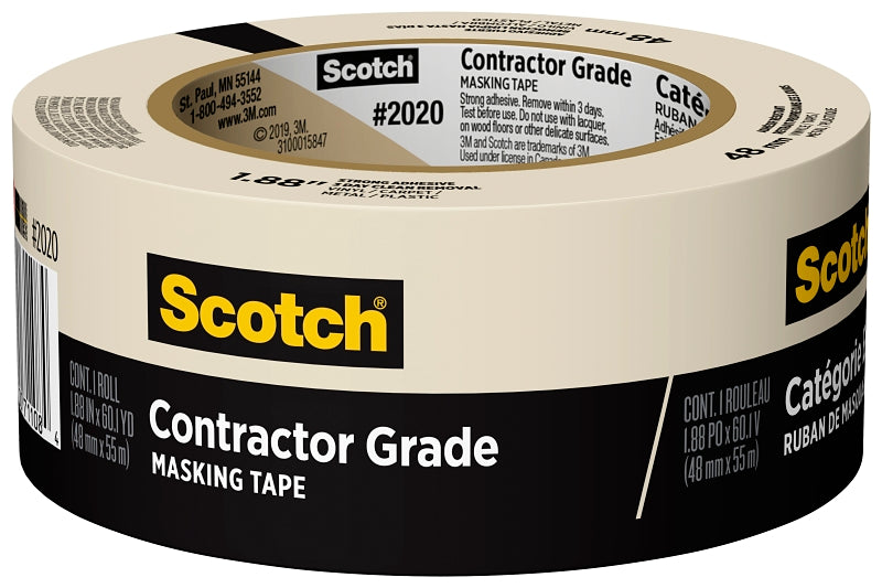 Scotch 2020-2A Masking Tape, 60 yd L, 2 in W, Crepe Paper Backing, Beige